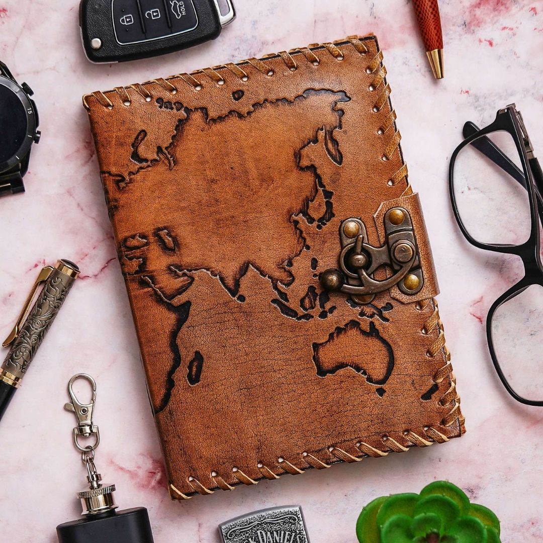 World Map Leather Journal FI